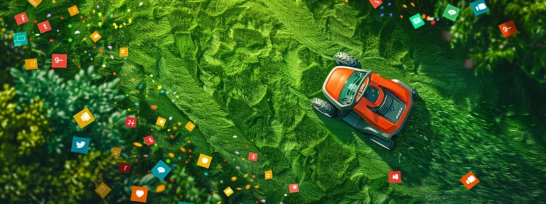 a vibrant green lawn with a lawnmower in action surrounded by colorful social media ad icons.