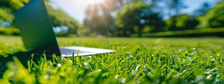 vibrant green grass lawn stretching out under a clear blue sky, with a laptop open on a table showcasing an email marketing campaign on the screen.